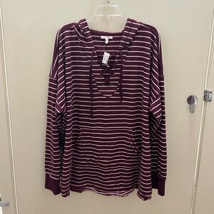 NWT Maurices sz 3x Maroon Striped Lace Up Hoodie !!